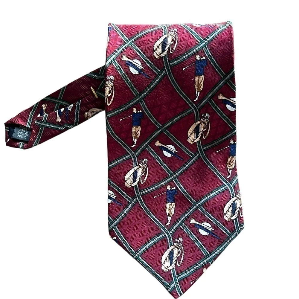 Men's Burgundy Red Wine Golf Printed Tie Business Casual Golfer Necktie Standard